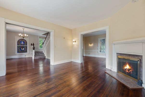 Chandelier, Empty room, Fireplace, Interior, Wood Texture Flooring