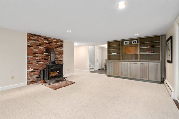 Fireplace, Interior, Recessed Lighting, Stone Walls