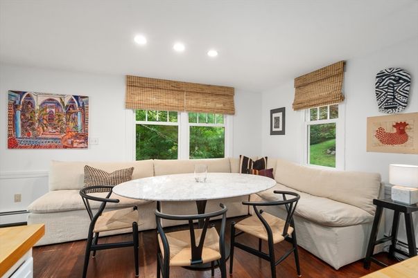Dining room, Interior, Recessed Lighting, Wood Texture Flooring
