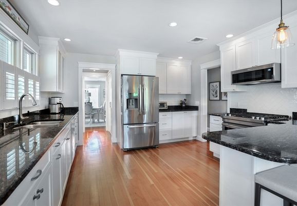 Interior, Kitchen, Pendant Lights, Recessed Lighting, Stainless Steel Appliances, Wood Texture Flooring