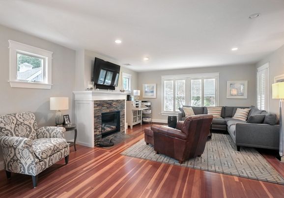 Fireplace, Interior, Living room, Recessed Lighting, Wood Texture Flooring