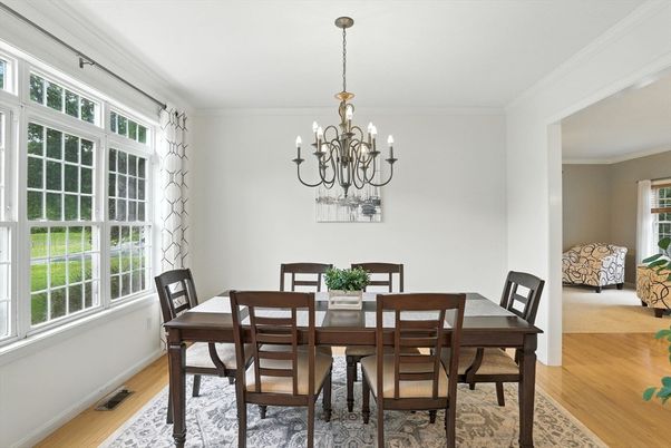 Chandelier, Dining room, Interior, Wood Texture Flooring