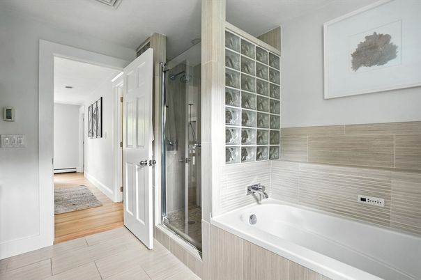 Bathroom, Glass Shower, Interior, Wood Texture Flooring