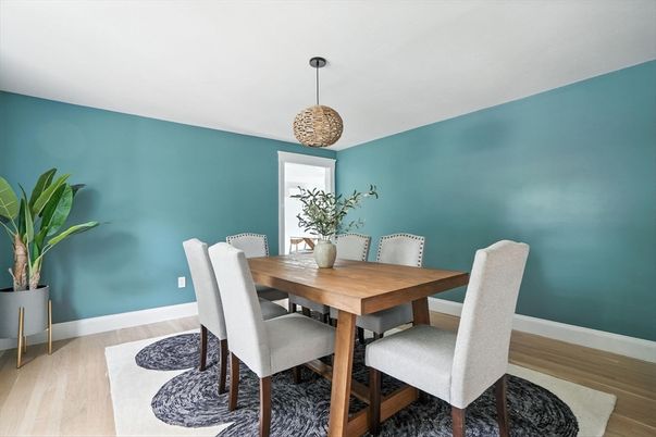 Dining room, Interior, Pendant Lights, Wood Texture Flooring