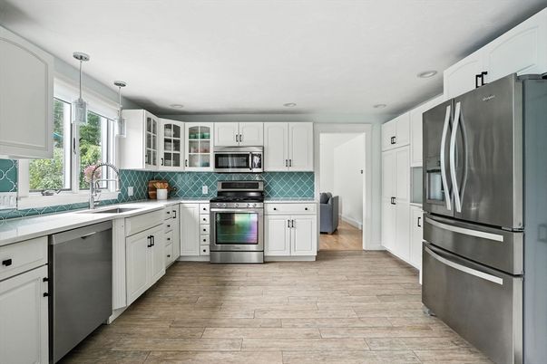 Interior, Kitchen, Pendant Lights, Recessed Lighting, Stainless Steel Appliances, Wood Texture Flooring