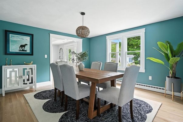 Dining room, Interior, Pendant Lights, Wood Texture Flooring