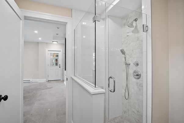 Bathroom, Glass Shower, Interior, Marble Walls, Recessed Lighting