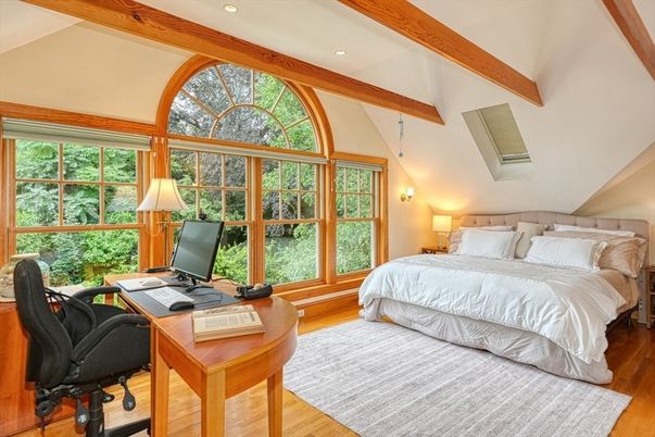 Bedroom, Home Office, Interior, Recessed Lighting, Wooden Beams, Wood Texture Flooring