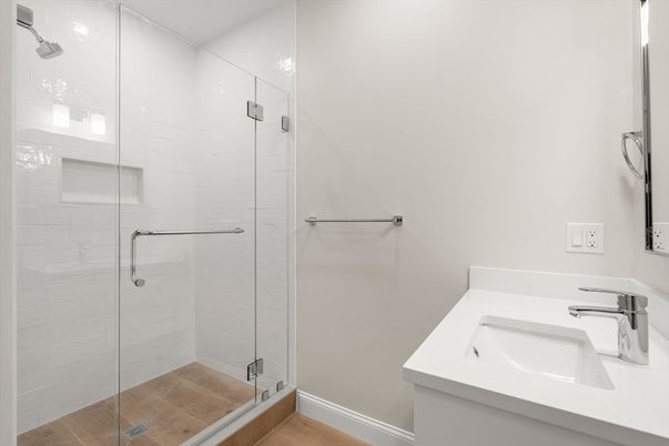 Bathroom, Glass Shower, Interior, Wood Texture Flooring
