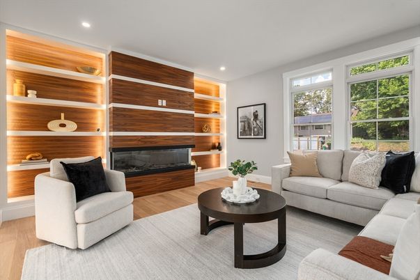 Fireplace, Interior, Living room, Recessed Lighting, Wood Texture Flooring, Wooden Walls