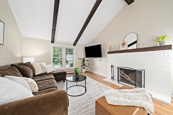 Fireplace, Interior, Living room, Wooden Beams, Wood Texture Flooring