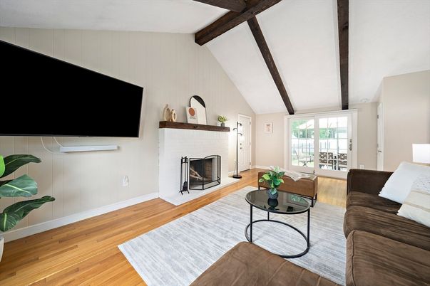 Fireplace, Interior, Living room, Wooden Beams, Wood Texture Flooring
