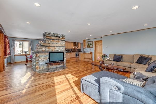 Fireplace, Interior, Kitchen, Living room, Recessed Lighting, Wood Texture Flooring