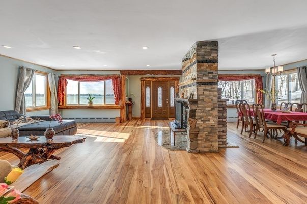 Dining room, Fireplace, Interior, Recessed Lighting, Wood Texture Flooring