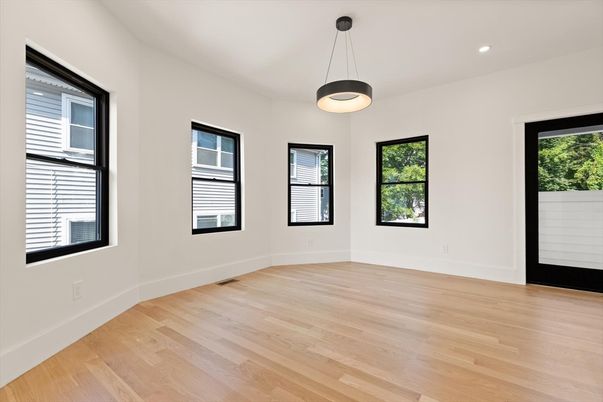 Empty room, Interior, Pendant Lights, Recessed Lighting, Wood Texture Flooring