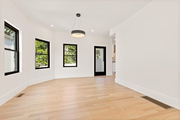 Empty room, Interior, Pendant Lights, Recessed Lighting, Wood Texture Flooring