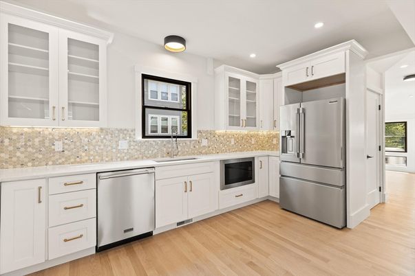 Interior, Kitchen, Recessed Lighting, Stainless Steel Appliances, Wood Texture Flooring