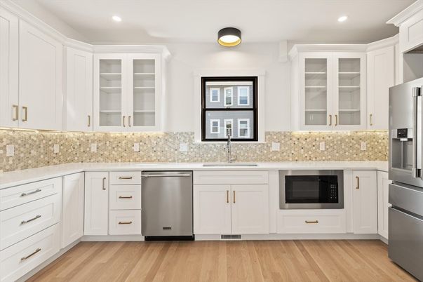 Interior, Kitchen, Recessed Lighting, Stainless Steel Appliances, Wood Texture Flooring