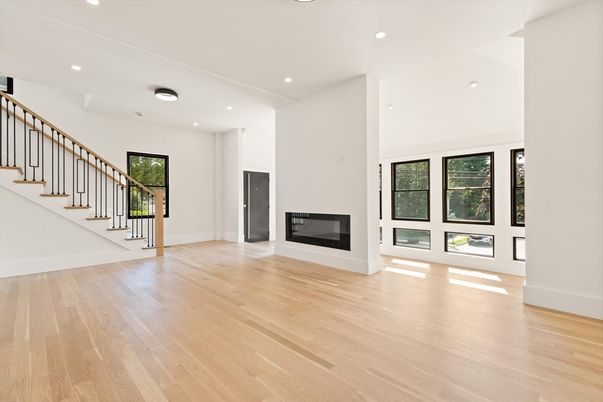 Empty room, Fireplace, Interior, Recessed Lighting, Wood Texture Flooring