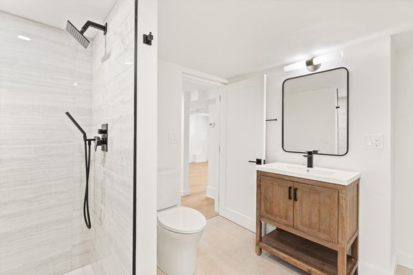 Bathroom, Glass Shower, Interior, Wood Texture Flooring