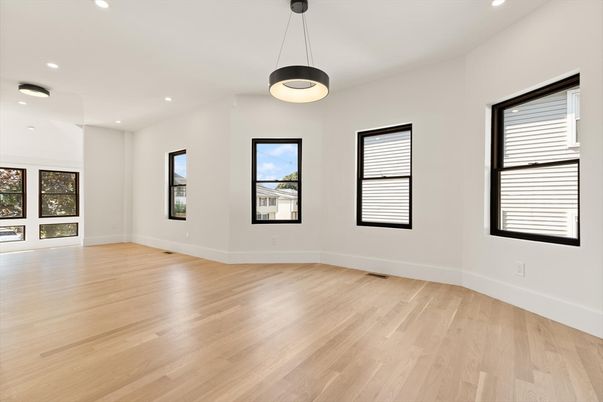 Empty room, Interior, Pendant Lights, Recessed Lighting, Wood Texture Flooring