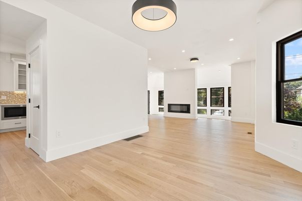 Empty room, Fireplace, Interior, Pendant Lights, Recessed Lighting, Wood Texture Flooring