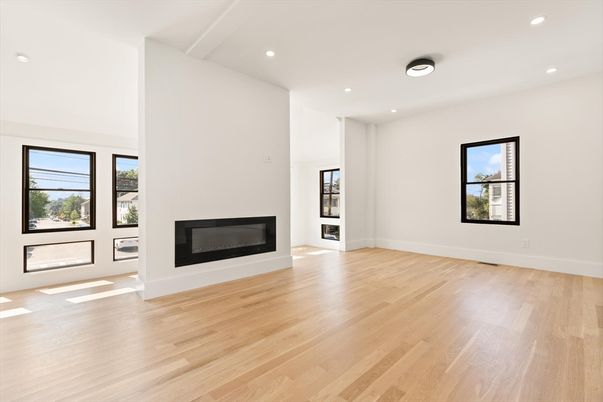 Empty room, Fireplace, Interior, Recessed Lighting, Wood Texture Flooring