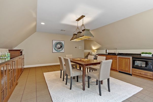 Dining room, Interior, Kitchen, Pendant Lights, Recessed Lighting, Wood Texture Flooring