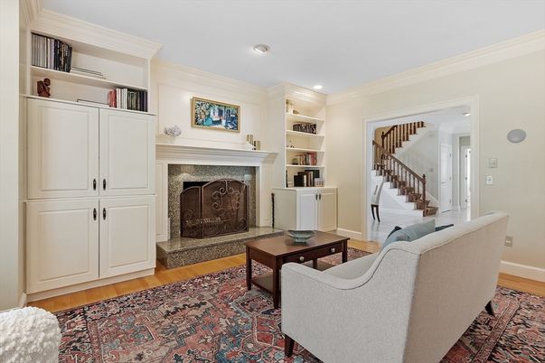 Fireplace, Interior, Recessed Lighting, Wood Texture Flooring