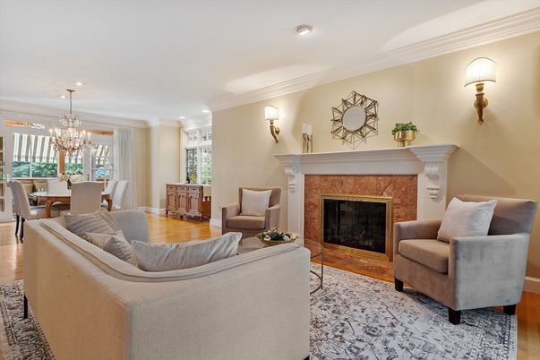 Chandelier, Dining room, Fireplace, Interior, Living room, Recessed Lighting, Wood Texture Flooring