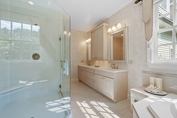 Bathroom, Dual Sink Vanities, Glass Shower, Interior, Tile Countertops