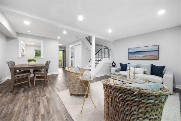 Dining room, Interior, Living room, Recessed Lighting, Wood Texture Flooring
