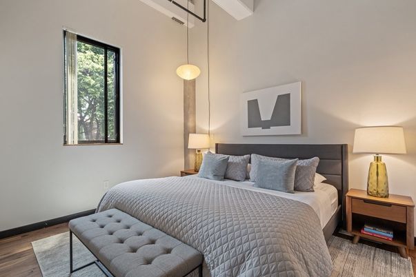 Bedroom, Interior, Pendant Lights, Wood Texture Flooring