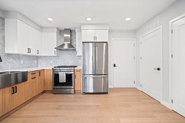 Interior, Kitchen, Recessed Lighting, Stainless Steel Appliances, Wood Texture Flooring