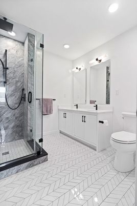 Bathroom, Dual Sink Vanities, Glass Shower, Interior, Marble Walls, Recessed Lighting