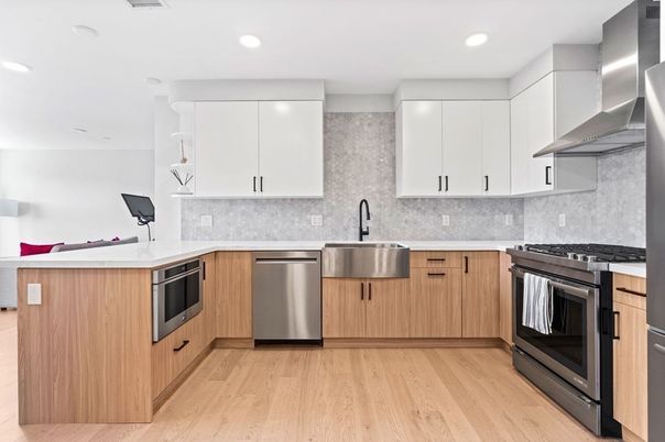 Interior, Kitchen, Recessed Lighting, Stainless Steel Appliances, Wood Texture Flooring
