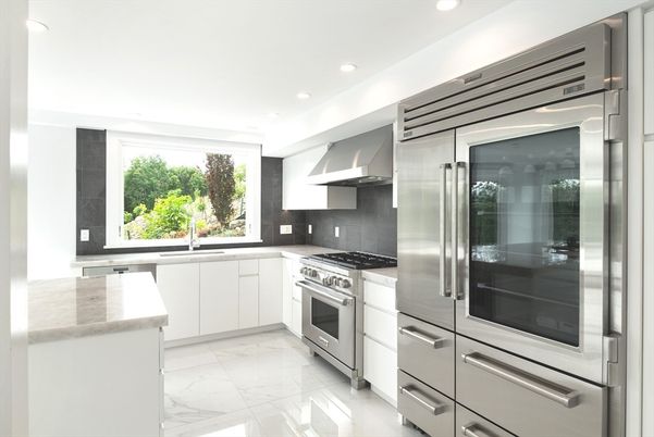 Interior, Kitchen, Marble, Recessed Lighting, Stainless Steel Appliances