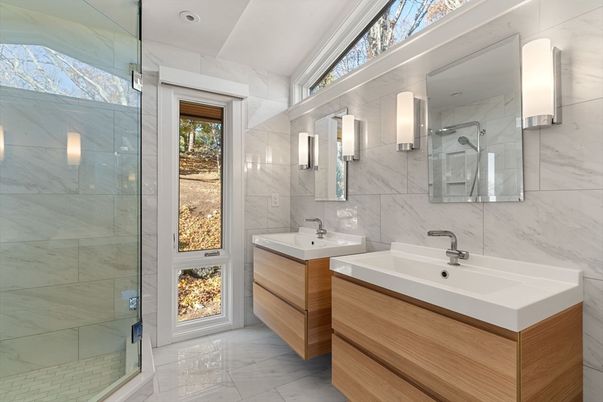 Bathroom, Dual Sink Vanities, Glass Shower, Interior, Marble, Marble Walls, Recessed Lighting
