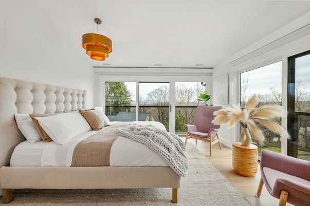 Bedroom, Interior, Pendant Lights, Wood Texture Flooring