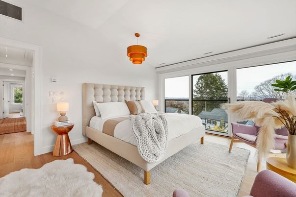 Bedroom, Interior, Pendant Lights, Recessed Lighting, Wood Texture Flooring