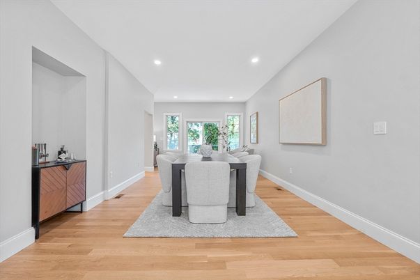 Dining room, Interior, Recessed Lighting, Wood Texture Flooring
