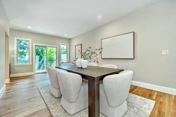 Dining room, Interior, Recessed Lighting, Wood Texture Flooring