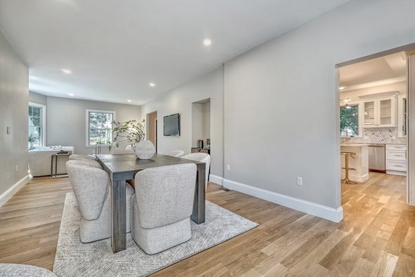 Dining room, Interior, Recessed Lighting, Wood Texture Flooring