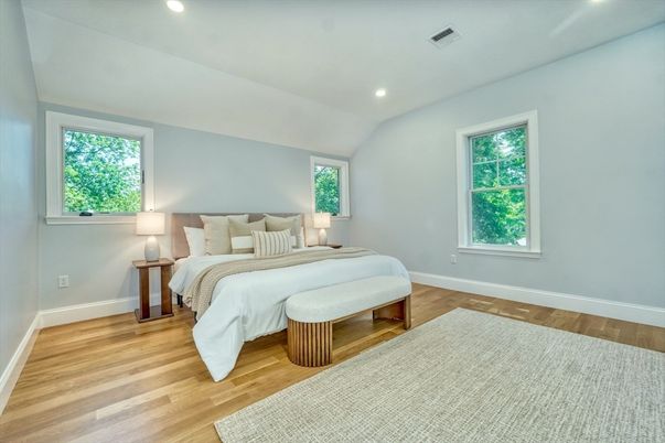 Bedroom, Interior, Recessed Lighting, Wood Texture Flooring