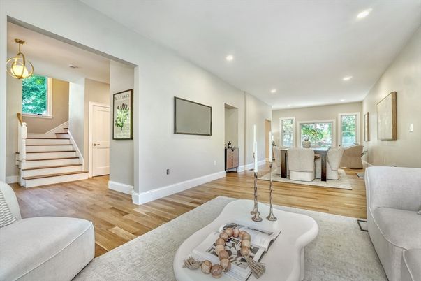 Dining room, Interior, Living room, Pendant Lights, Recessed Lighting, Wood Texture Flooring