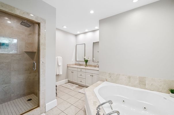 Bathroom, Dual Sink Vanities, Glass Shower, Interior, Recessed Lighting