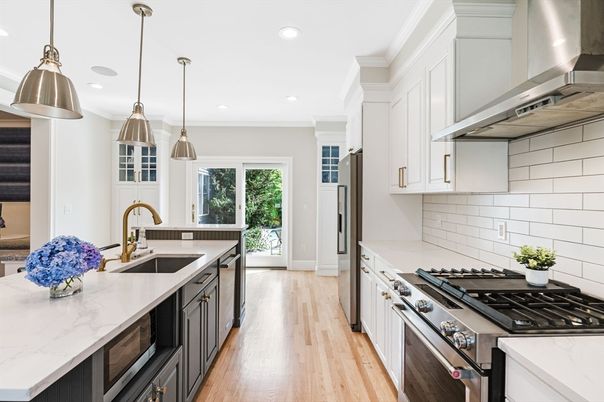 Interior, Kitchen, Pendant Lights, Recessed Lighting, Stainless Steel Appliances, Wood Texture Flooring