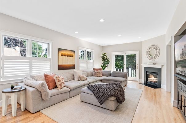 Fireplace, Interior, Living room, Recessed Lighting, Wood Texture Flooring