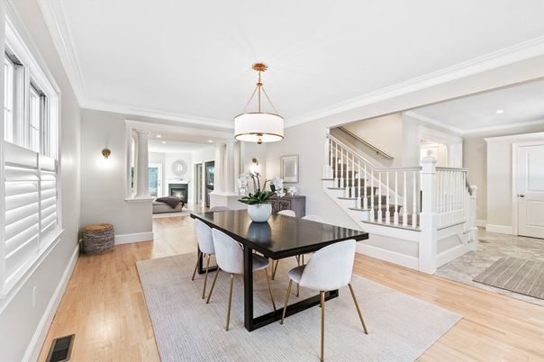 Dining room, Interior, Pendant Lights, Recessed Lighting, Wood Texture Flooring