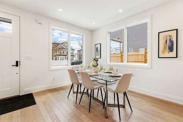 Dining room, Interior, Recessed Lighting, Wood Texture Flooring